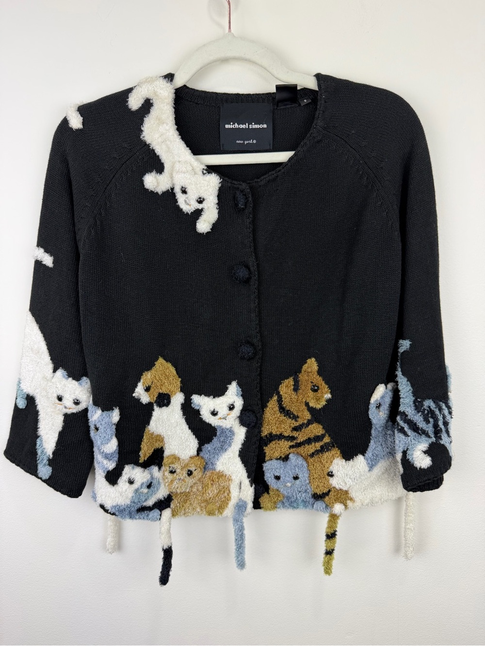 Vintage 1998 Michael Simon 3D Cats Cardigan Sweater S Art to Wear